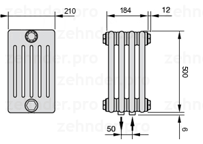 Схема (чертеж) Радиатор Zehnder Charleston 6050/4 №5410 Белый глянцевый RAL 9016